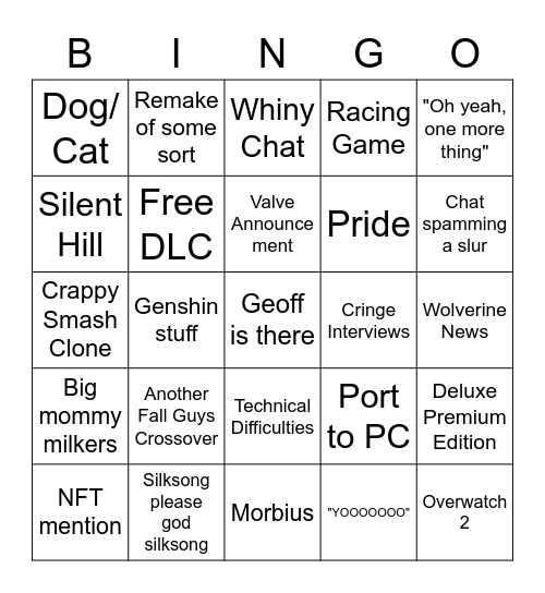 Summer Game Fest 2022 Bingo Card