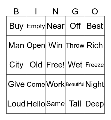 Antonym Bingo Card