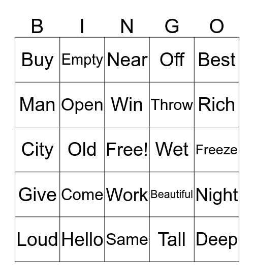 Antonym Bingo Card
