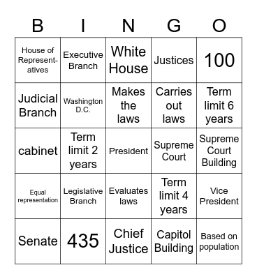 Three Branches of Government Bingo Card