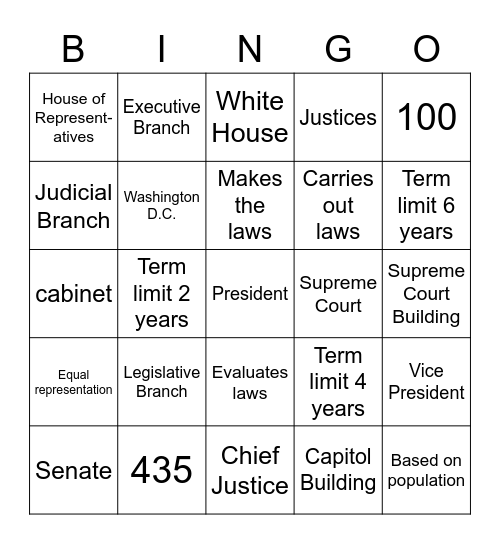 Three Branches of Government Bingo Card