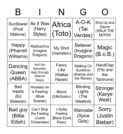 Music Bingo Card