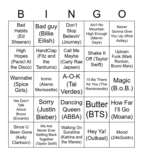 Music Bingo Card