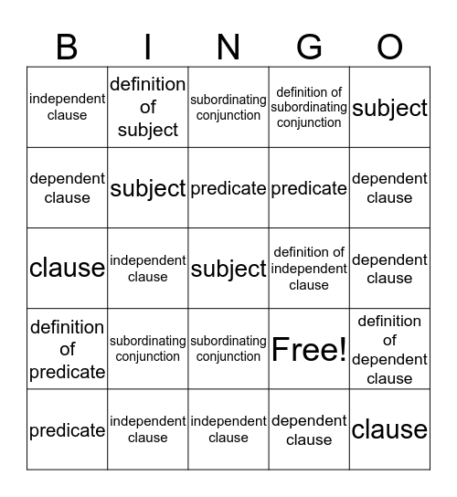 Lesson 4 - Clauses Bingo Card