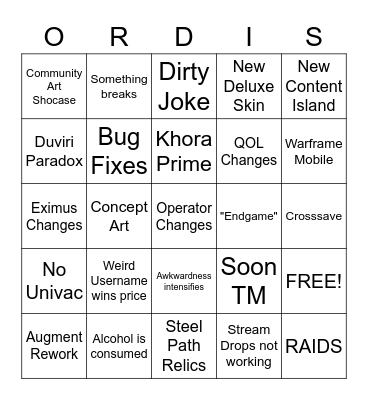 Tennocon 2022 Bingo Card