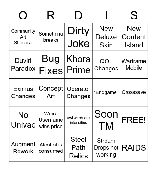 Tennocon 2022 Bingo Card