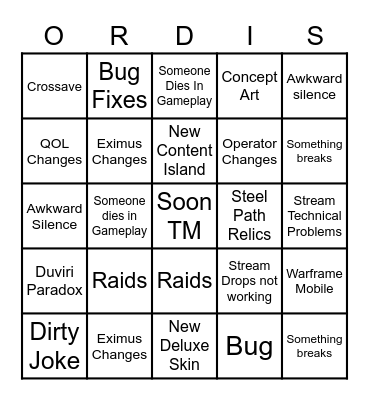 Tennocon 2022 Bingo Card