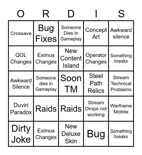 Tennocon 2022 Bingo Card