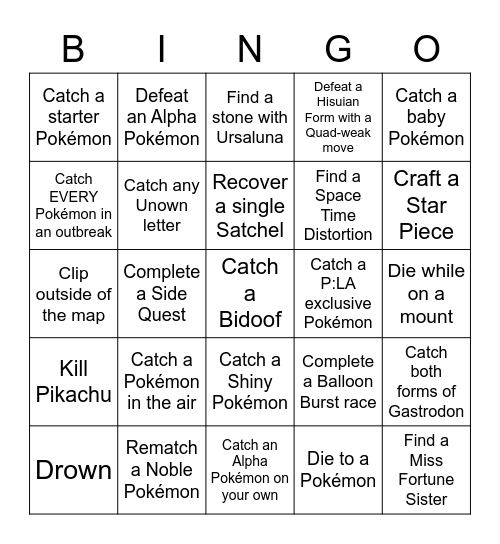 Legends Arceus Lockout Bingo Card