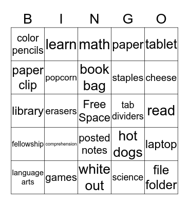 Back to School Blast Bingo Card