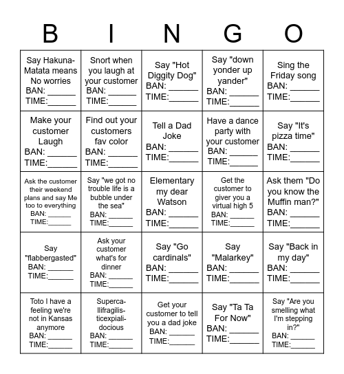 Friyay BINGO Card