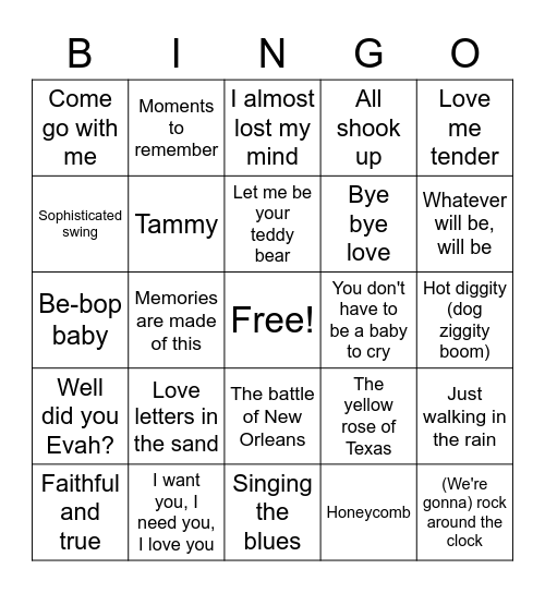 50's Bingo Card