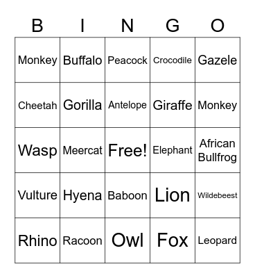 Safari Animals Bingo Card