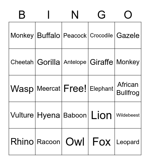 Safari Animals Bingo Card