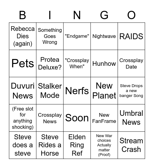 TennoCon 2022 Bingo Card