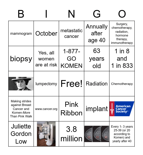 GS Breast Cancer Bingo Card