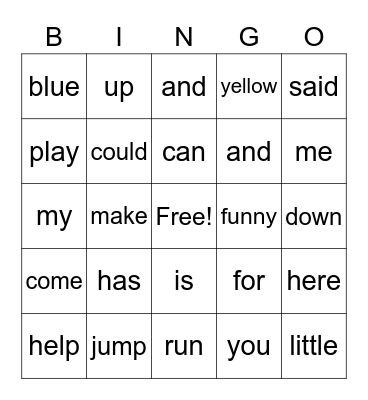 Sight Word Bingo Card