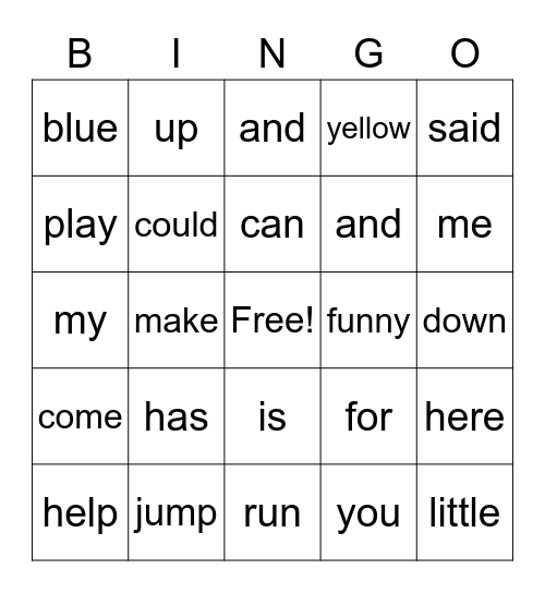 Sight Word Bingo Card