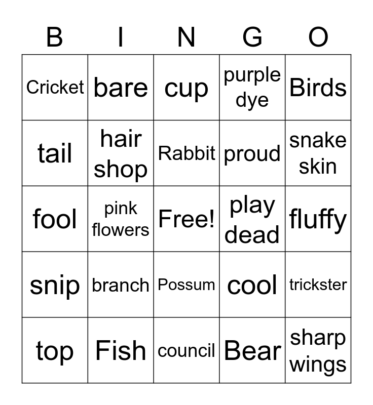 English 3D Why Possum's Tail is Bare Bingo Card