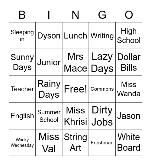 End of the Year Bingo Card