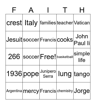 POPE FRANCIS BINGO Card