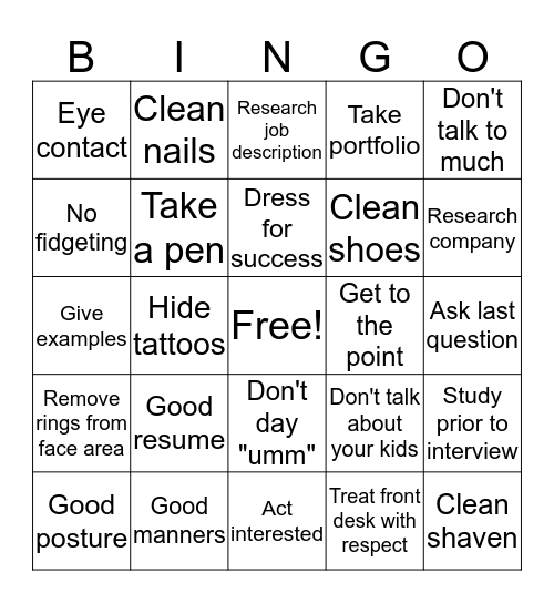 "The Interview" Bingo Card