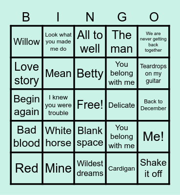 Taylor Swift Bingo Card