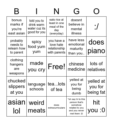 asian parent things :) Bingo Card