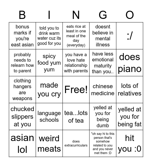 asian parent things :) Bingo Card