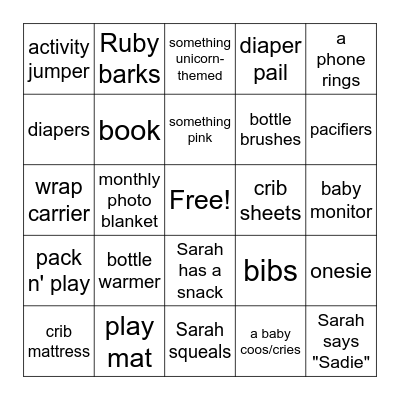 Sarah's Baby Shower Bingo Card