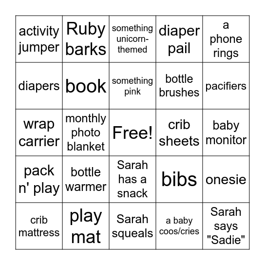 Sarah's Baby Shower Bingo Card