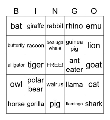 ANIMALS Bingo Card