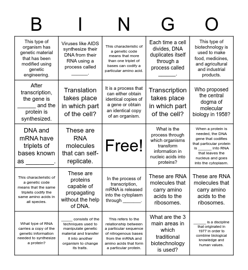 Biology Bingo Card