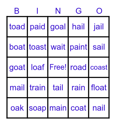 ai/ oa Phonics Bingo Card