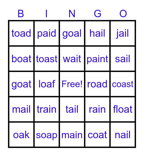 ai/ oa Phonics Bingo Card