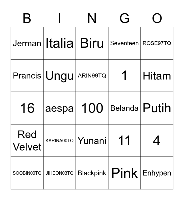 Karina Bingo Card