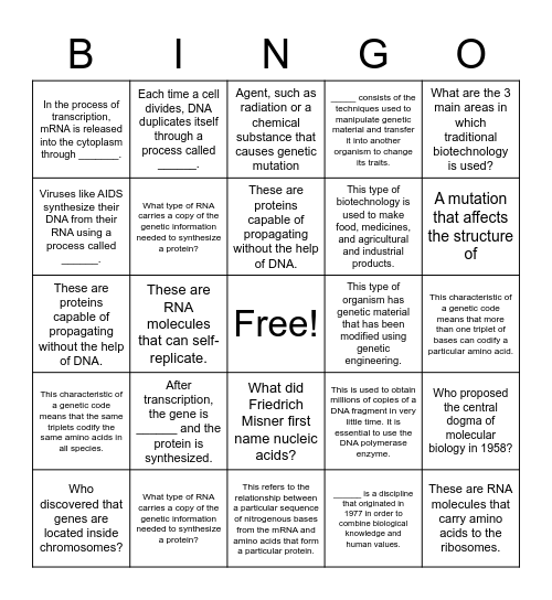 Biology Bingo Card