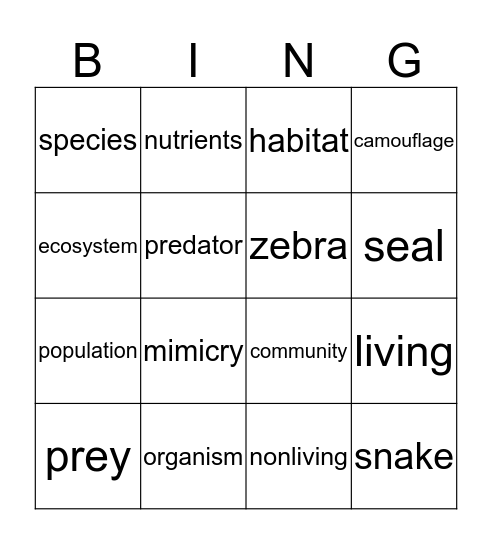 Predator and Prey Bingo Card