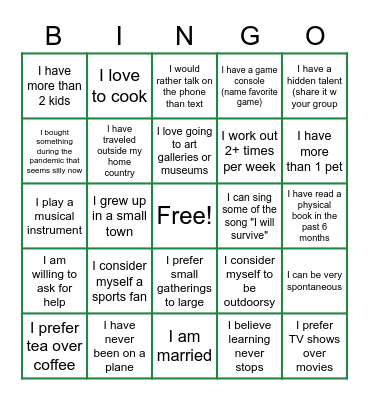 Some interesting facts about me. Bingo Card