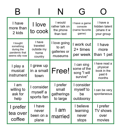Some interesting facts about me. Bingo Card