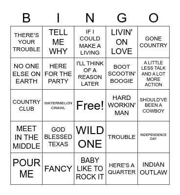 90'S COUNTRY Bingo Card