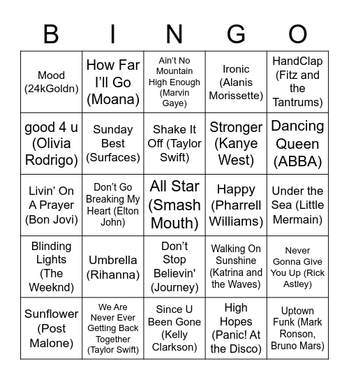 Music Bingo Card