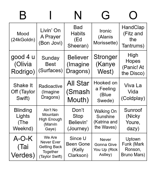 Music Bingo Card