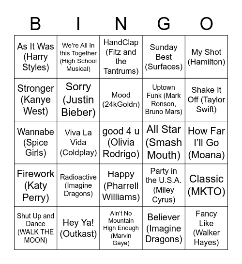 Music Bingo Card