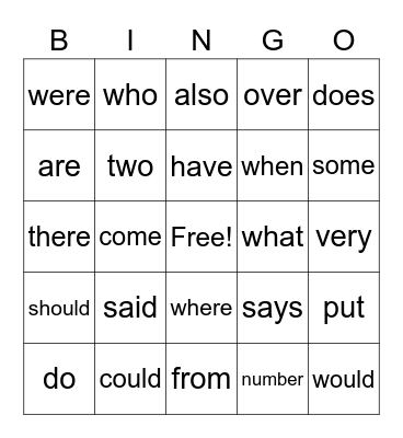 sight words Bingo Card