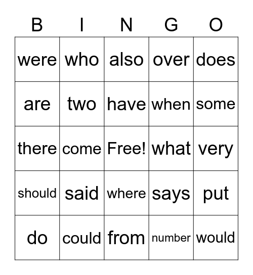 sight words Bingo Card