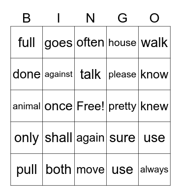 sight words 2nd Bingo Card