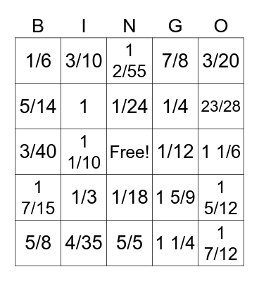 Add / Sub Fractions Unlike Denominators Bingo Card