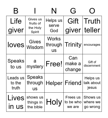 The Holy Spirit, The helper Bingo Card