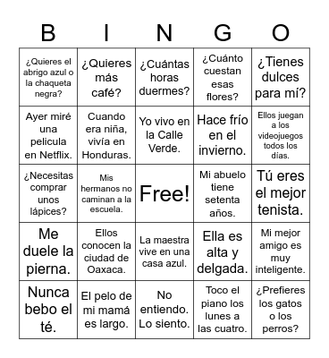 Spanish II Semester Review Bingo Card